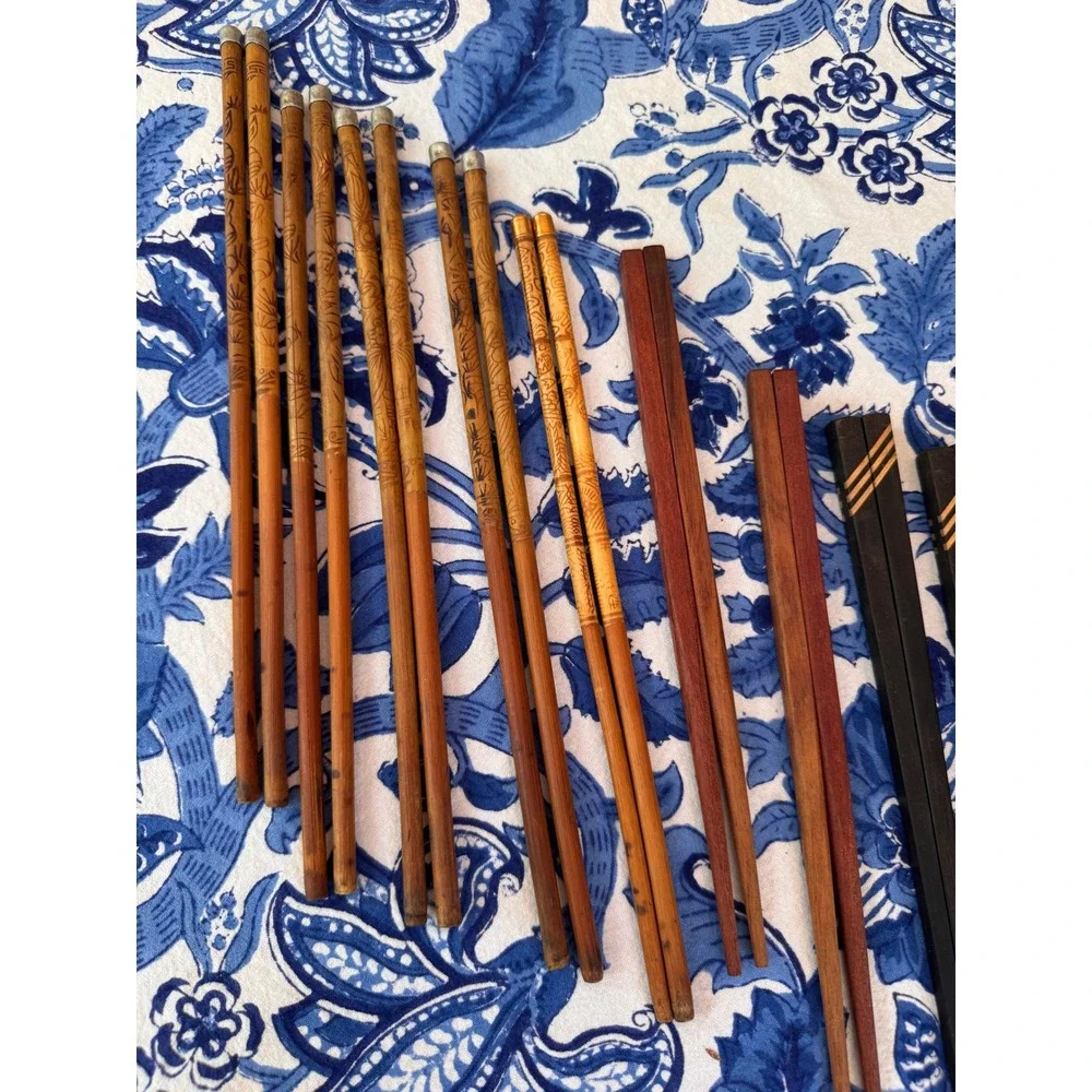 Vintage Assorted‎ Chopsticks Set 9 Pairs Bamboo Carved Wood Lacquer Inlaid Decor